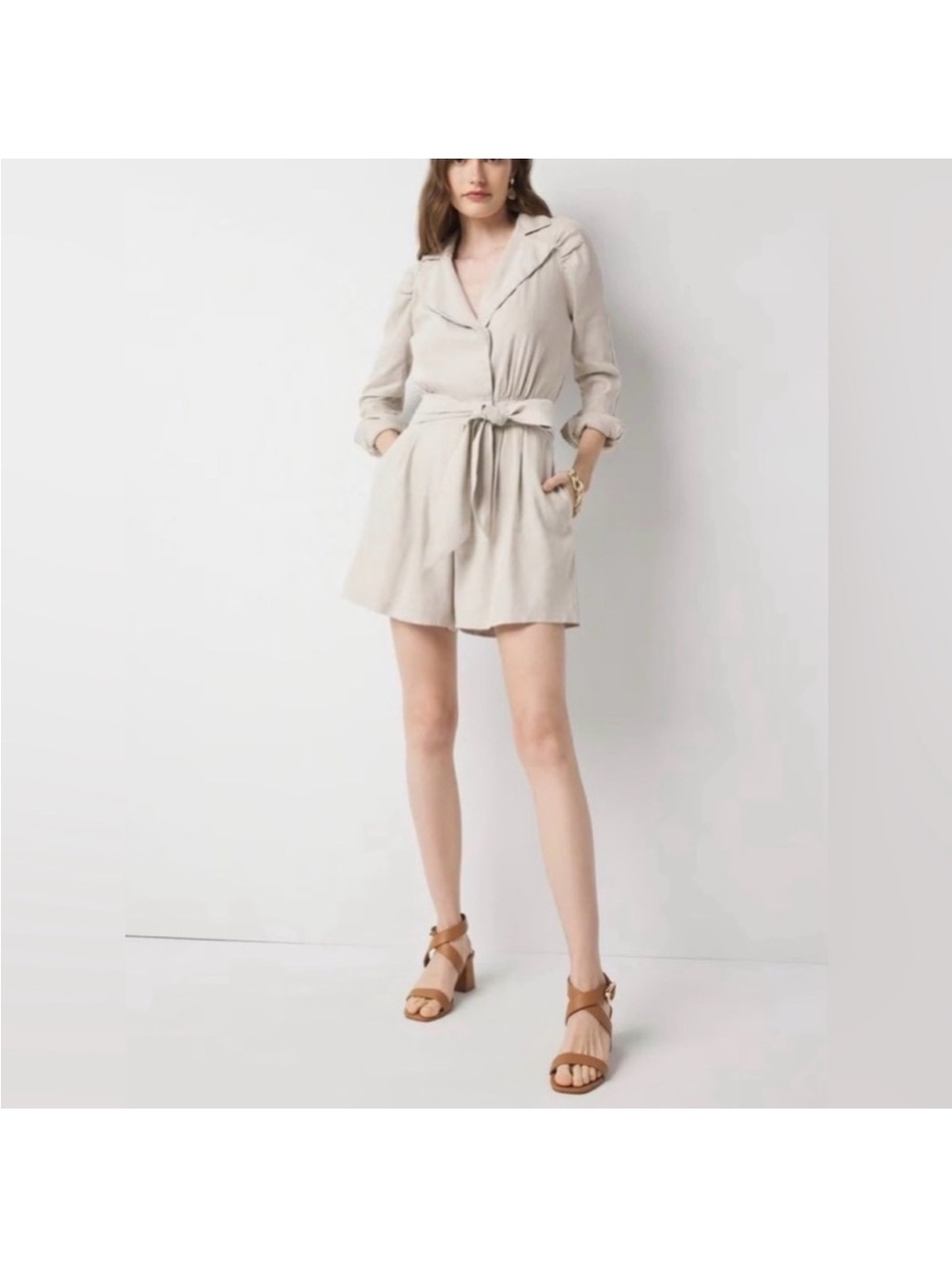 Neutral Tie-Waist Romper - Oatmeal Cream